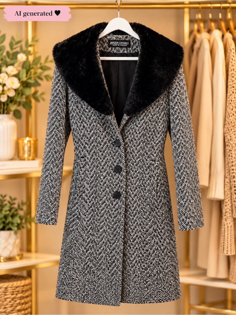 Janzen Casuals 100% Wool Herringbone Belted Faux Fur Coat S